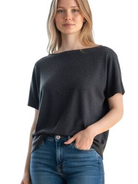 Oak + Fort Dark Grey Cap Sleeve Boat Neck Split Hem Sweater Top (XS/S)